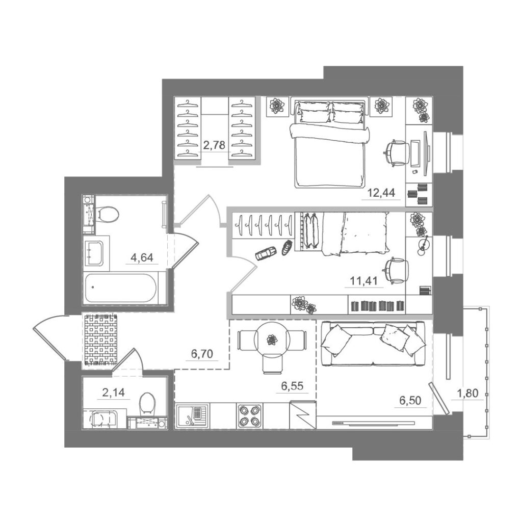 2-комнатная квартира, 53,47 м²