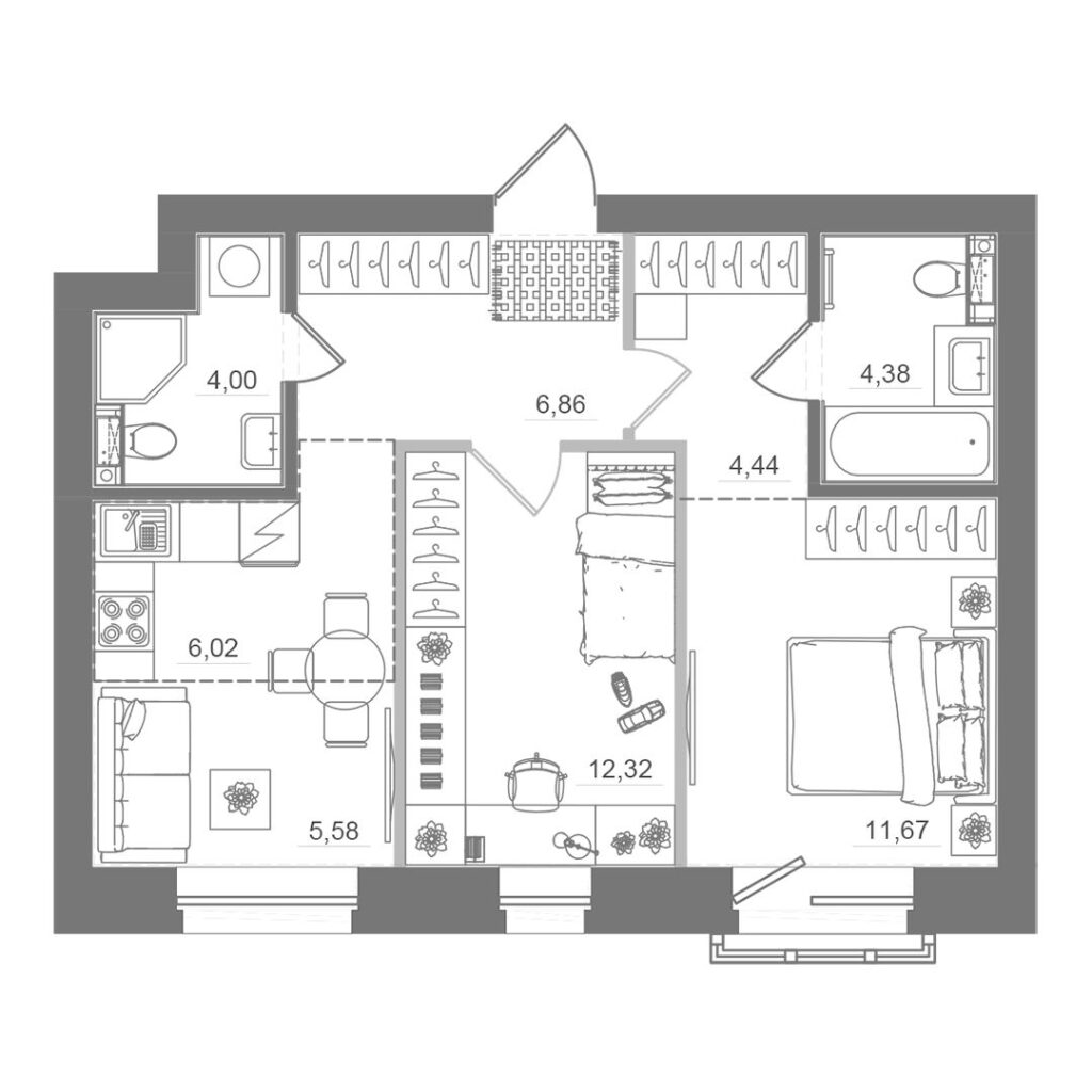 2-комнатная квартира, 55,26 м²