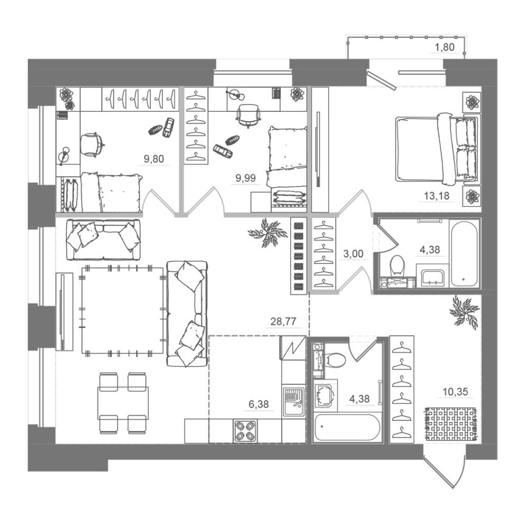 3-комнатная квартира, 90,22 м²