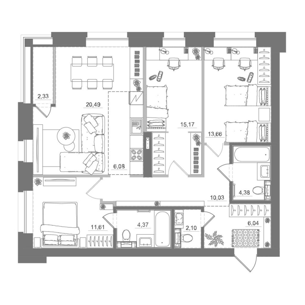3-комнатная квартира, 96,41 м²