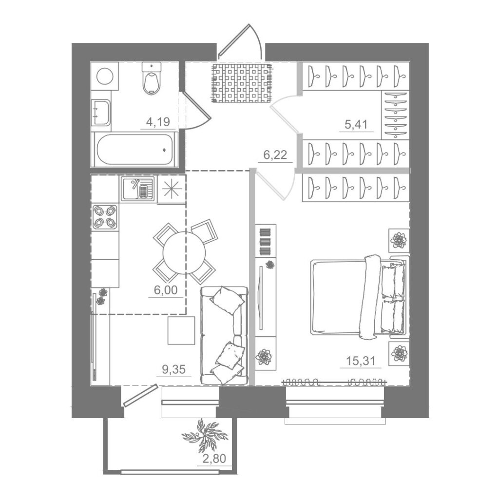 1-комнатная квартира, 46,48 м²
