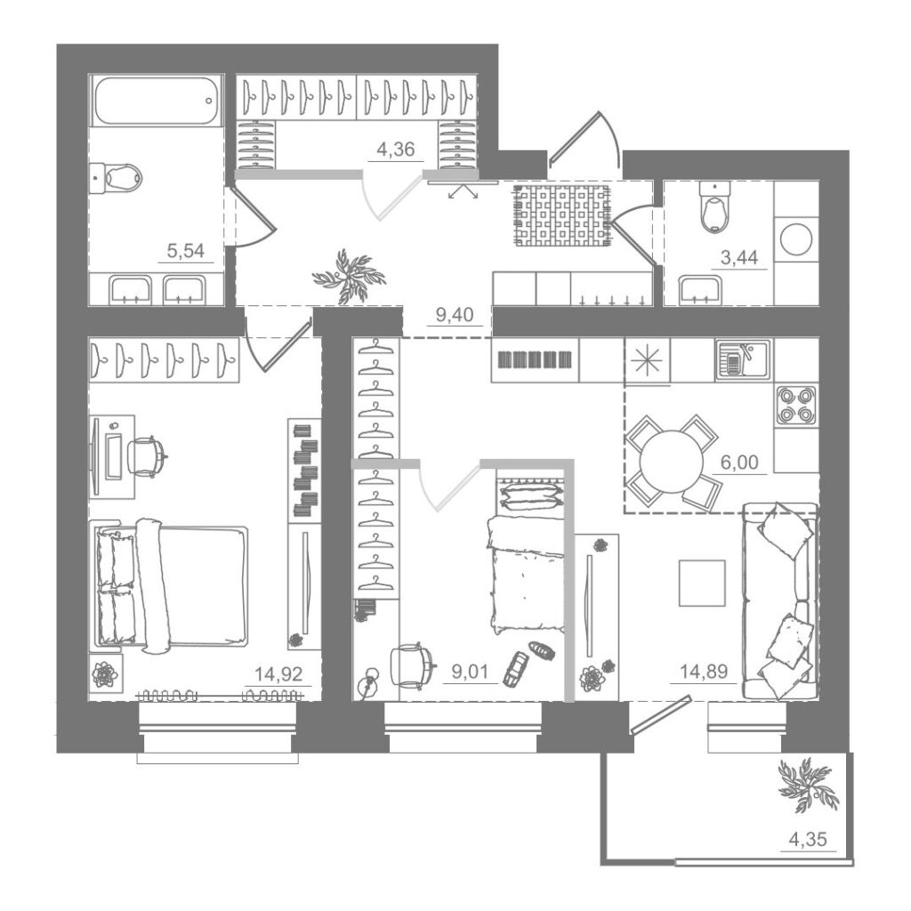 2-комнатная квартира, 67,56 м²