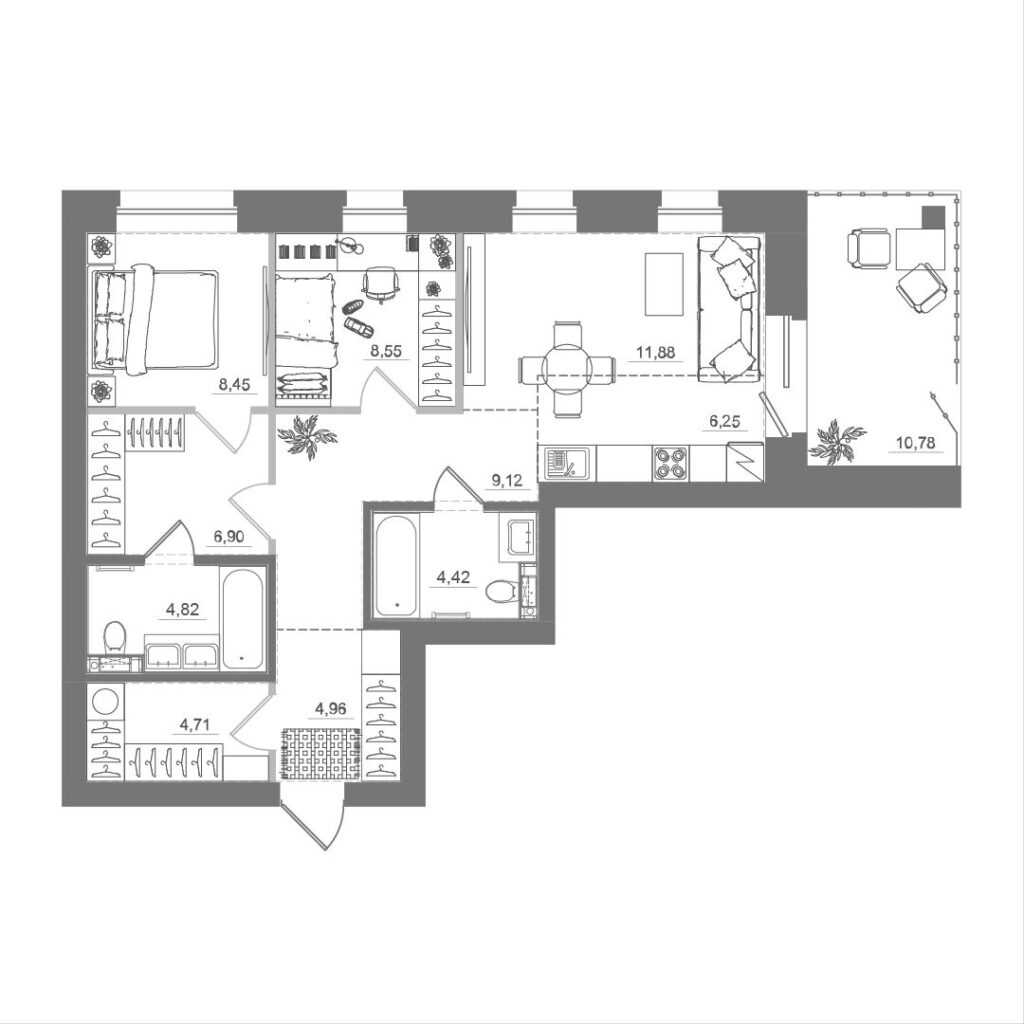 2-комнатная квартира, 70,59 м²