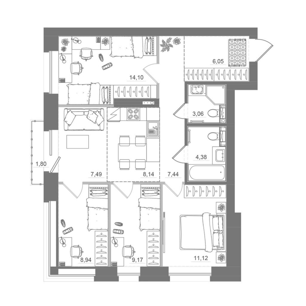 4-комнатная квартира, 79,86 м²