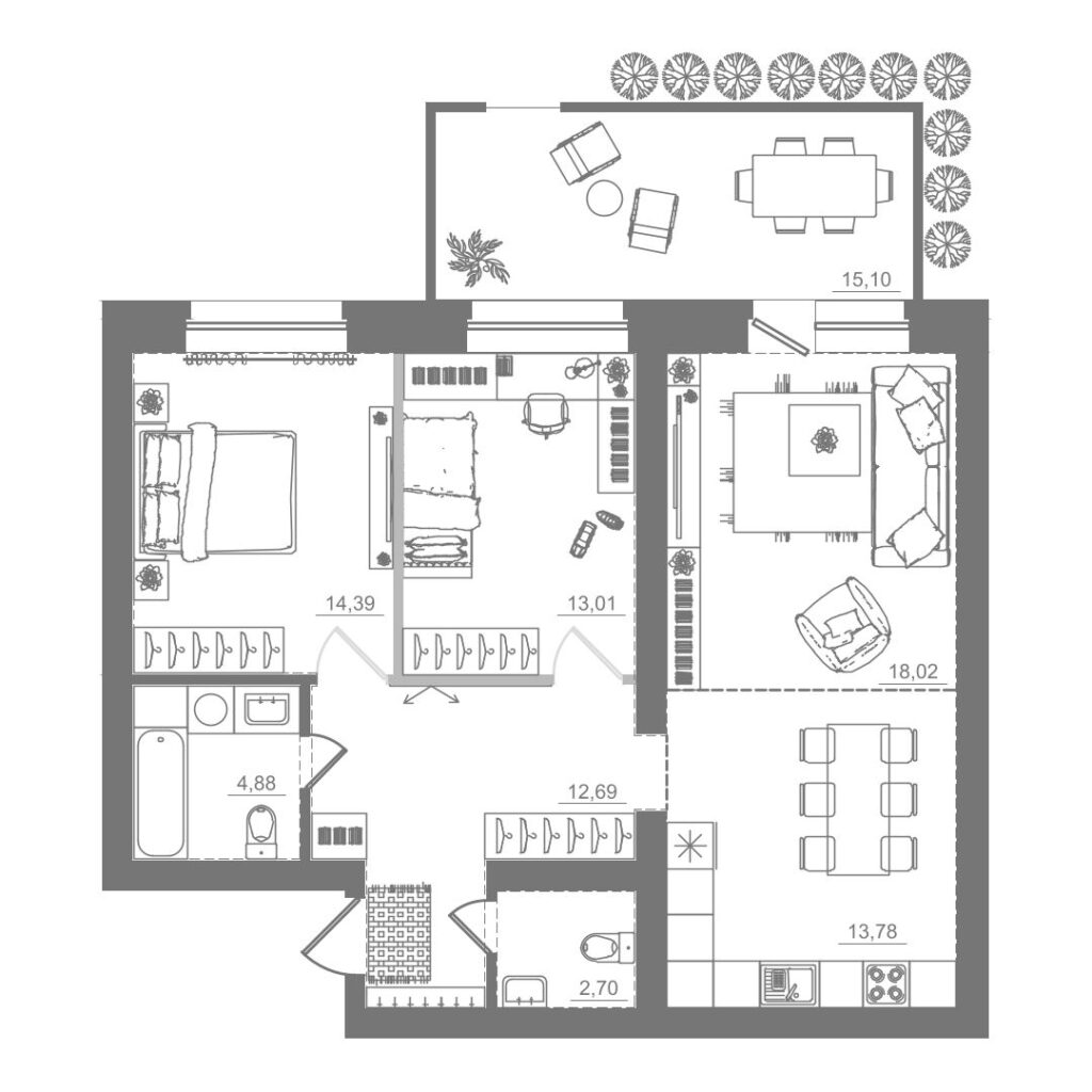 2-комнатная квартира, 79,47 м²