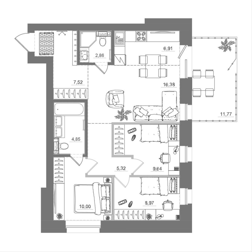 3-комнатная квартира, 72,87 м²