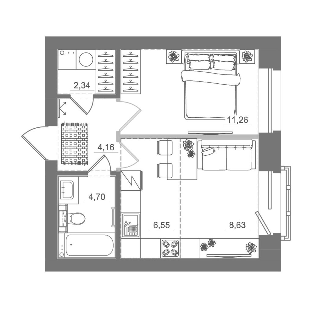 1-комнатная квартира, 37,31 м²