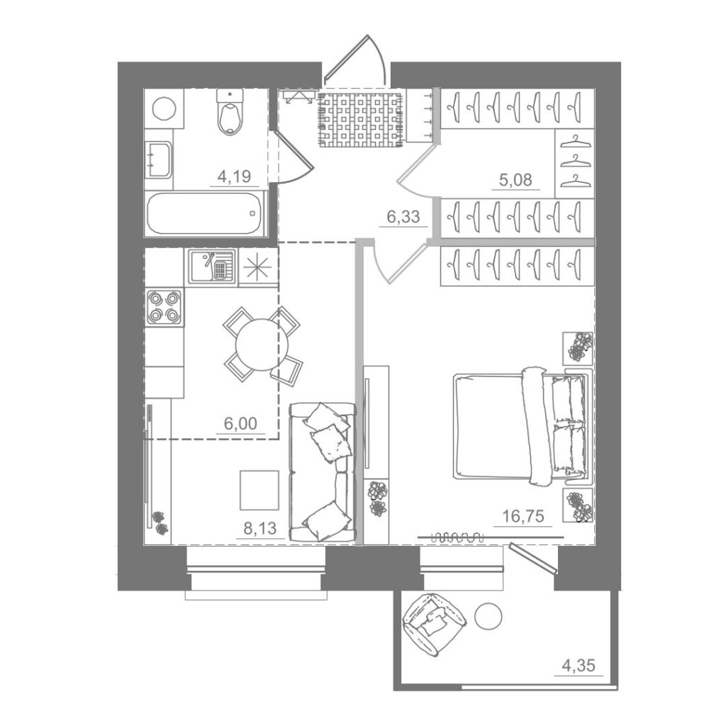 1-комнатная квартира, 46,48 м²