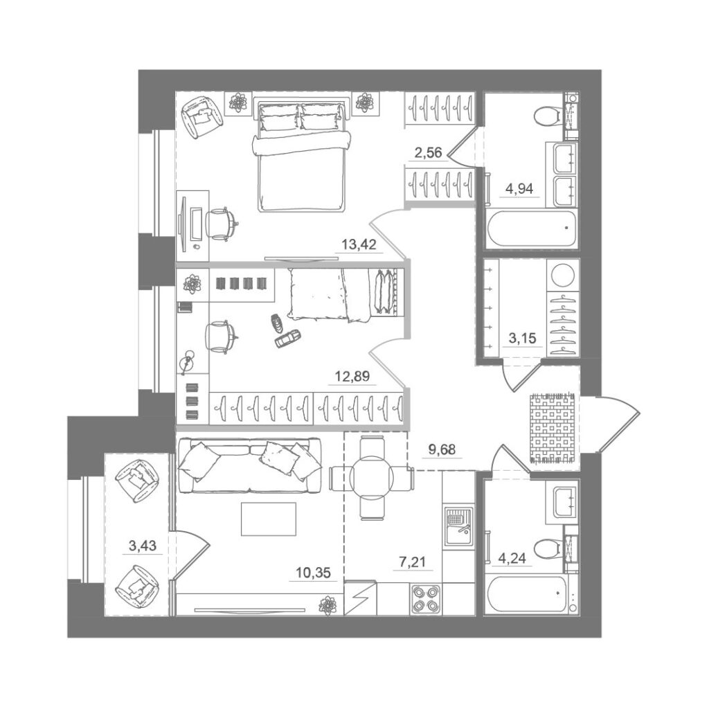 2-комнатная квартира, 72,25 м²