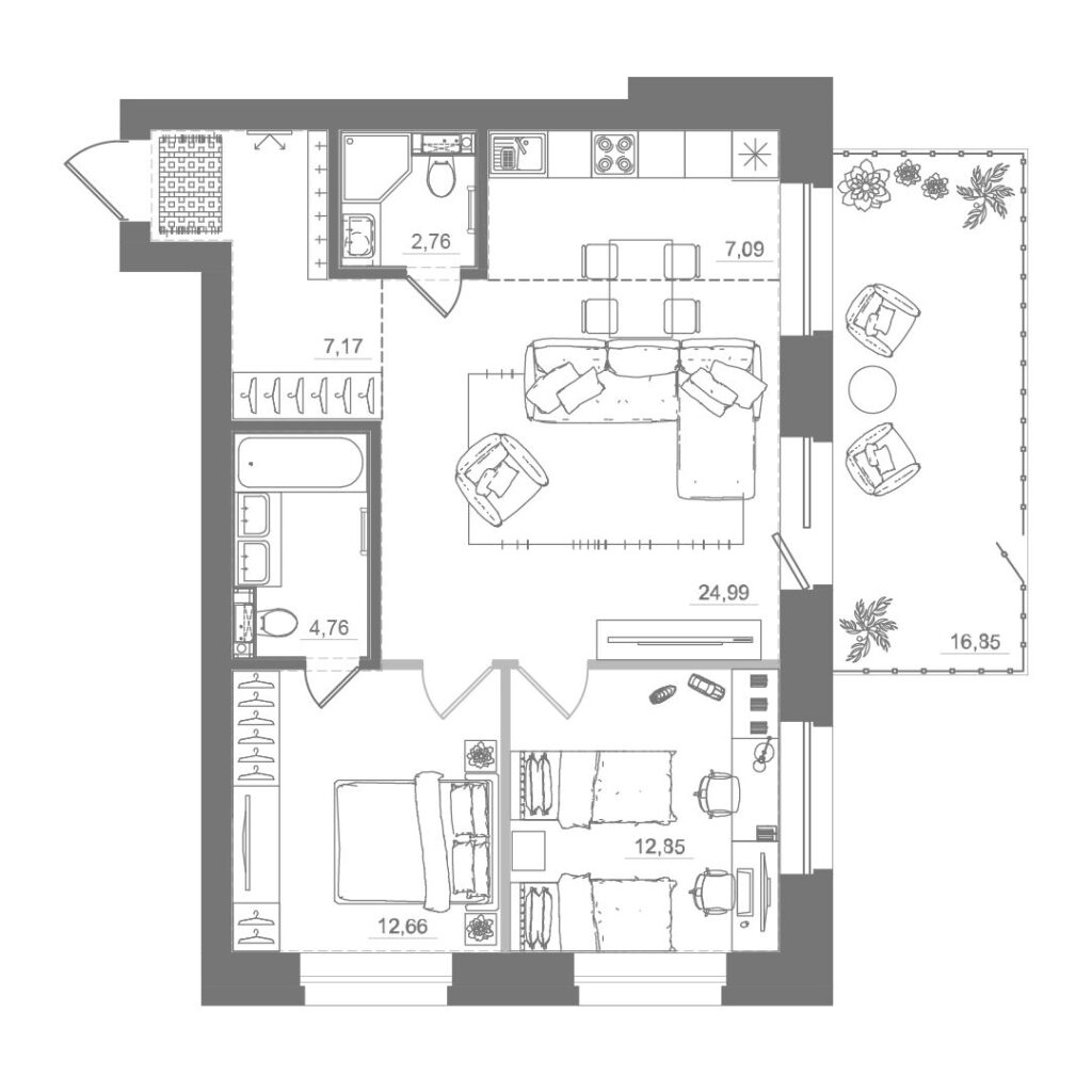 2-комнатная квартира, 72,89 м²