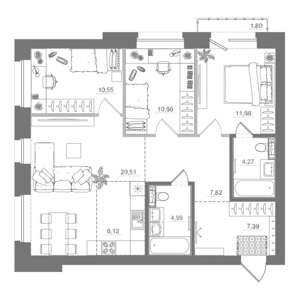 3-комнатная квартира, 84,18 м²