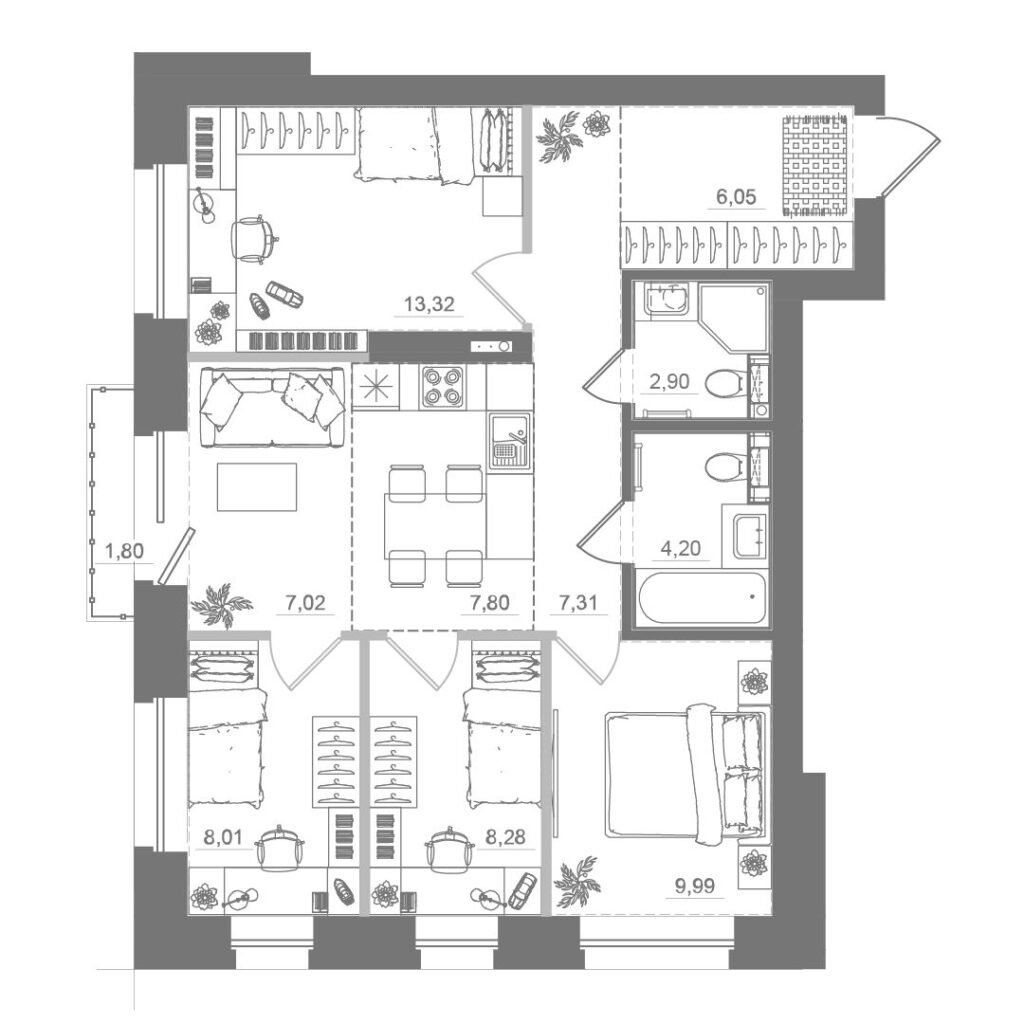 4-комнатная квартира, 75,23 м²