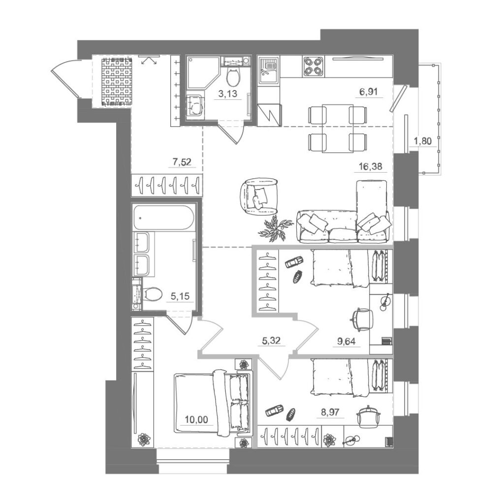 3-комнатная квартира, 72,87 м²