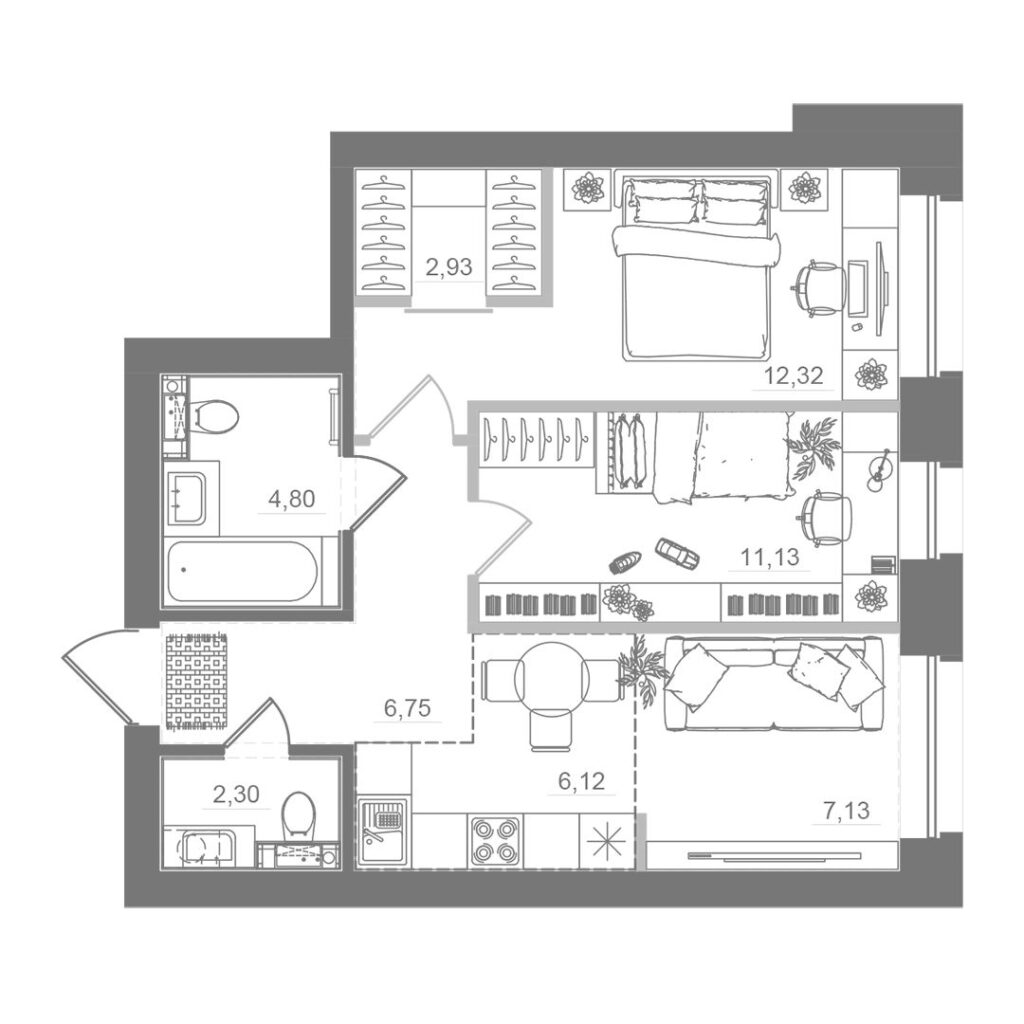 2-комнатная квартира, 53,47 м²