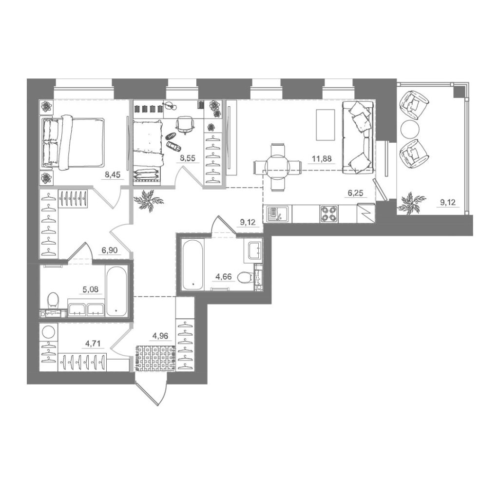 2-комнатная квартира, 70,59 м²