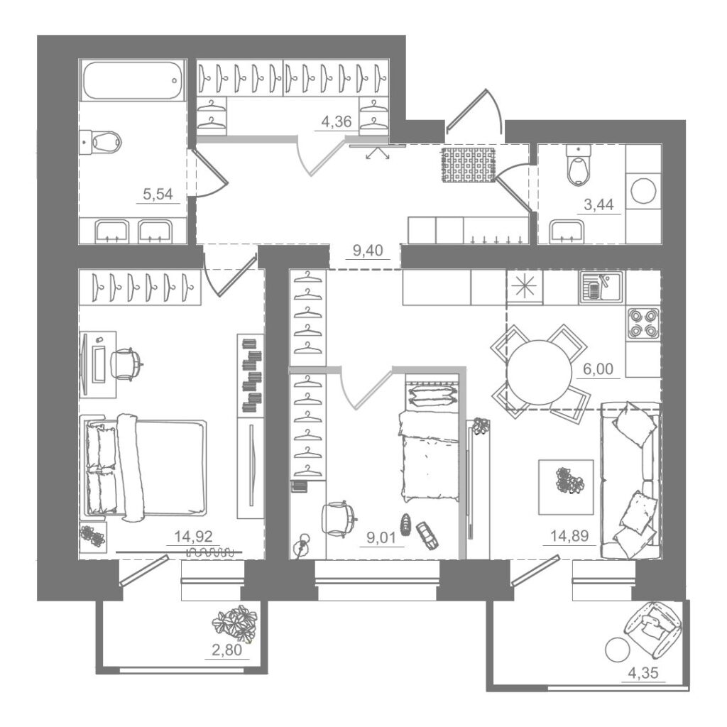 2-комнатная квартира, 67,56 м²