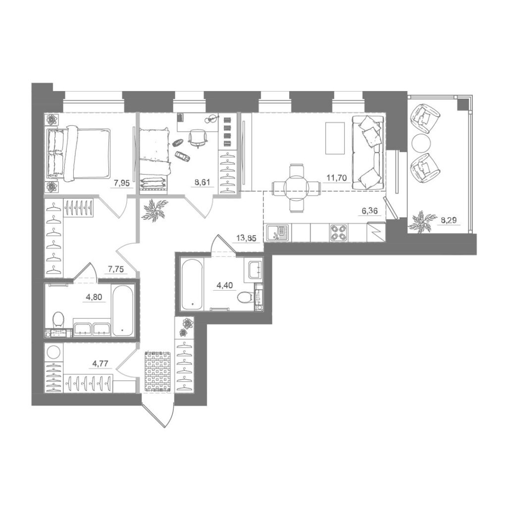 2-комнатная квартира, 70,74 м²