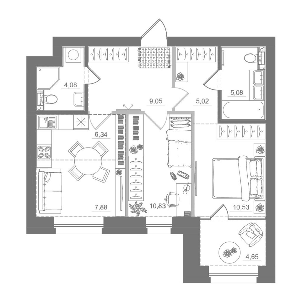 2-комнатная квартира, 63,49 м²
