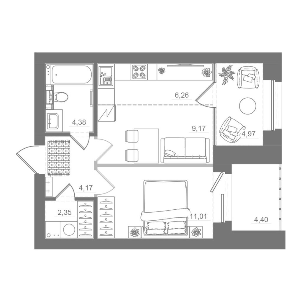 1-комнатная квартира, 42,41 м²