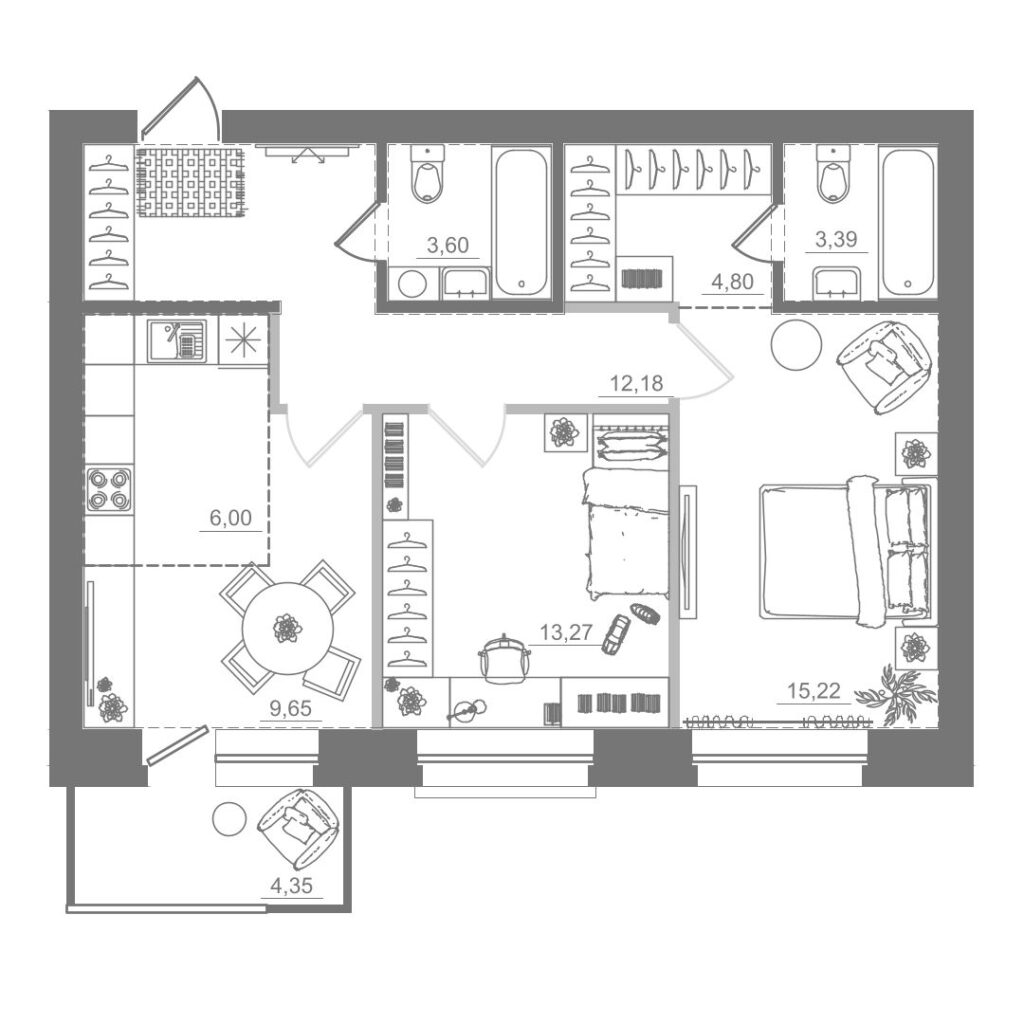 2-комнатная квартира, 68,11 м²