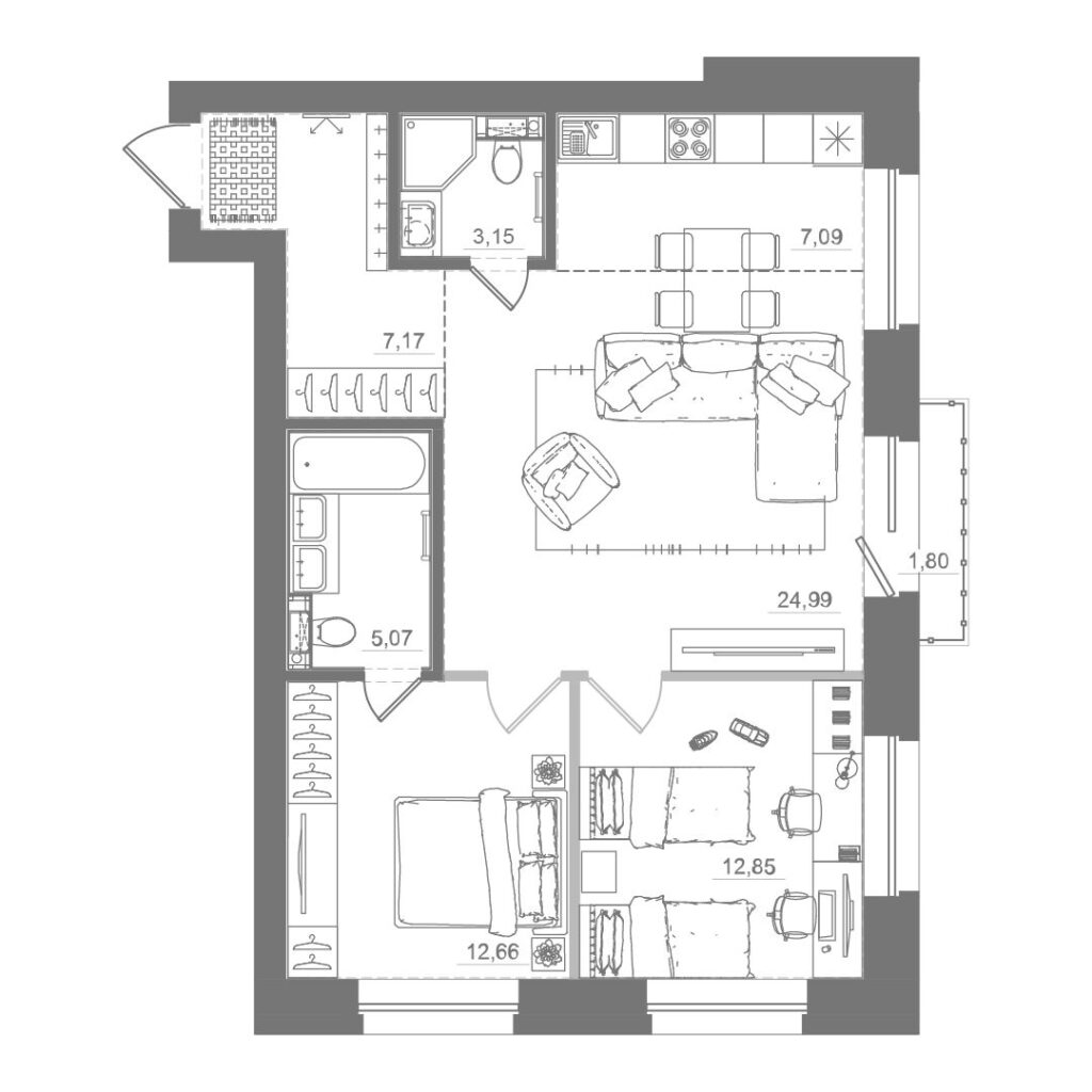 2-комнатная квартира, 72,89 м²