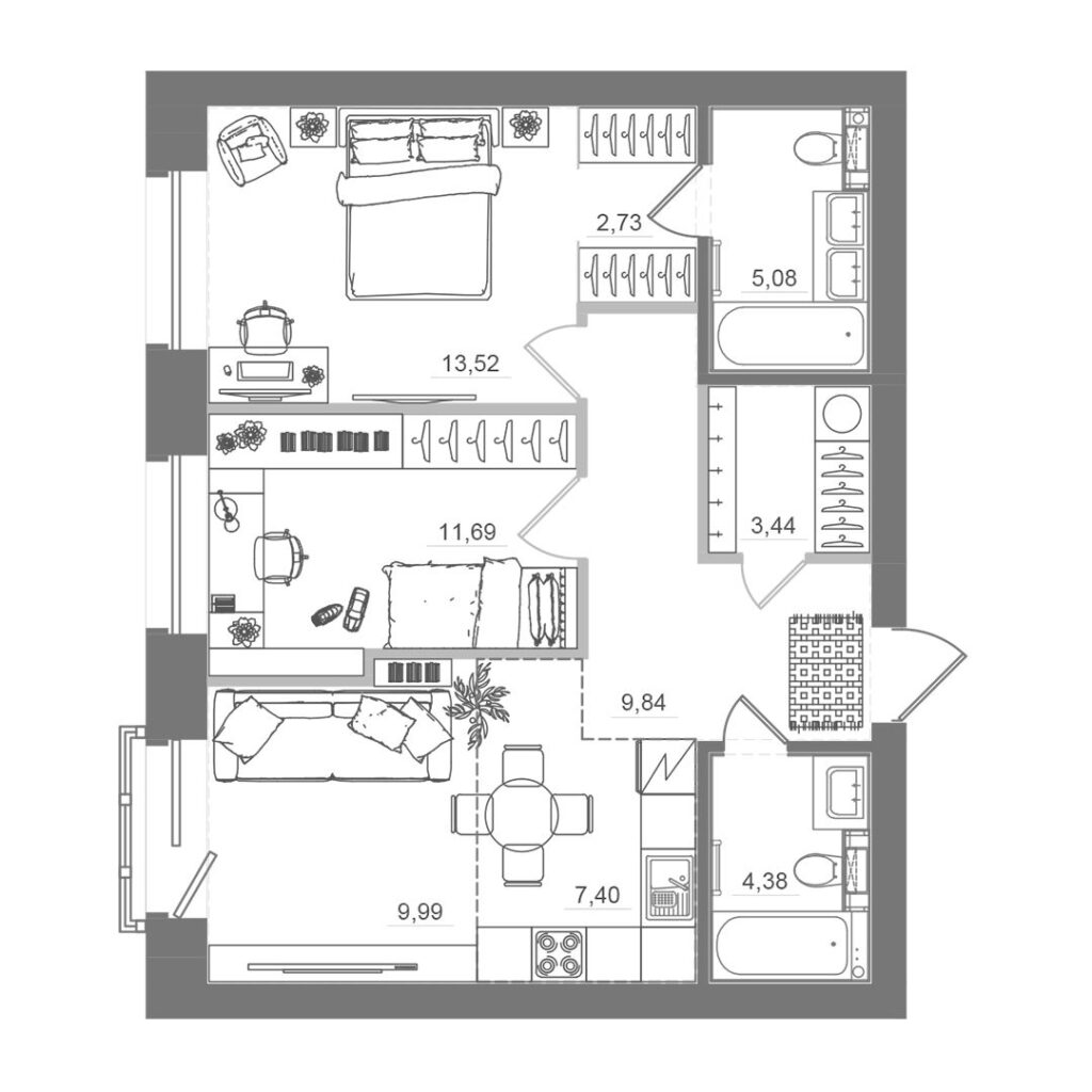 2-комнатная квартира, 67,46 м²