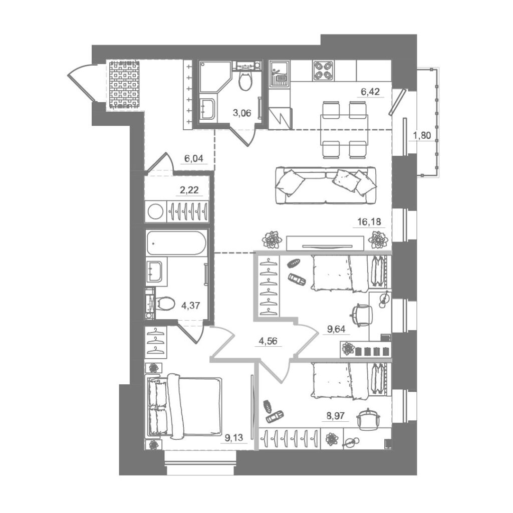3-комнатная квартира, 70,59 м²