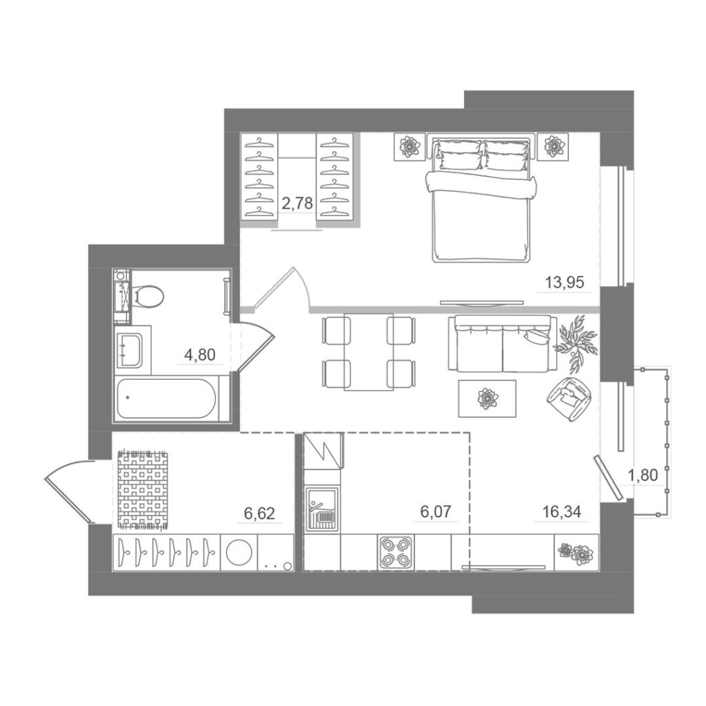 1-комнатная квартира, 50,55 м²