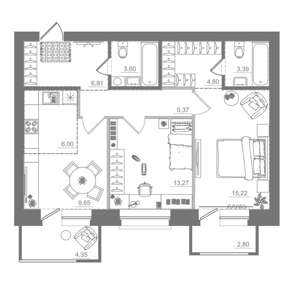 2-комнатная квартира, 68,11 м²