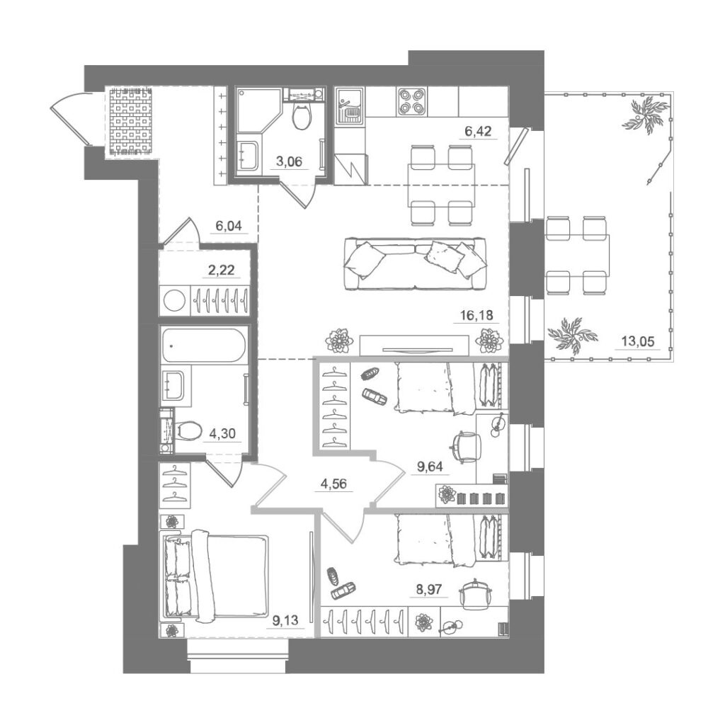3-комнатная квартира, 70,59 м²