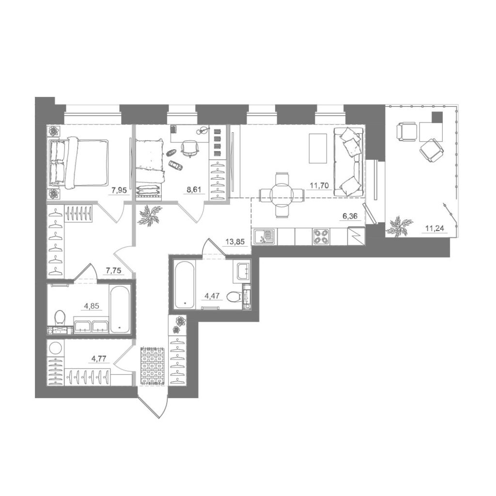 2-комнатная квартира, 70,74 м²