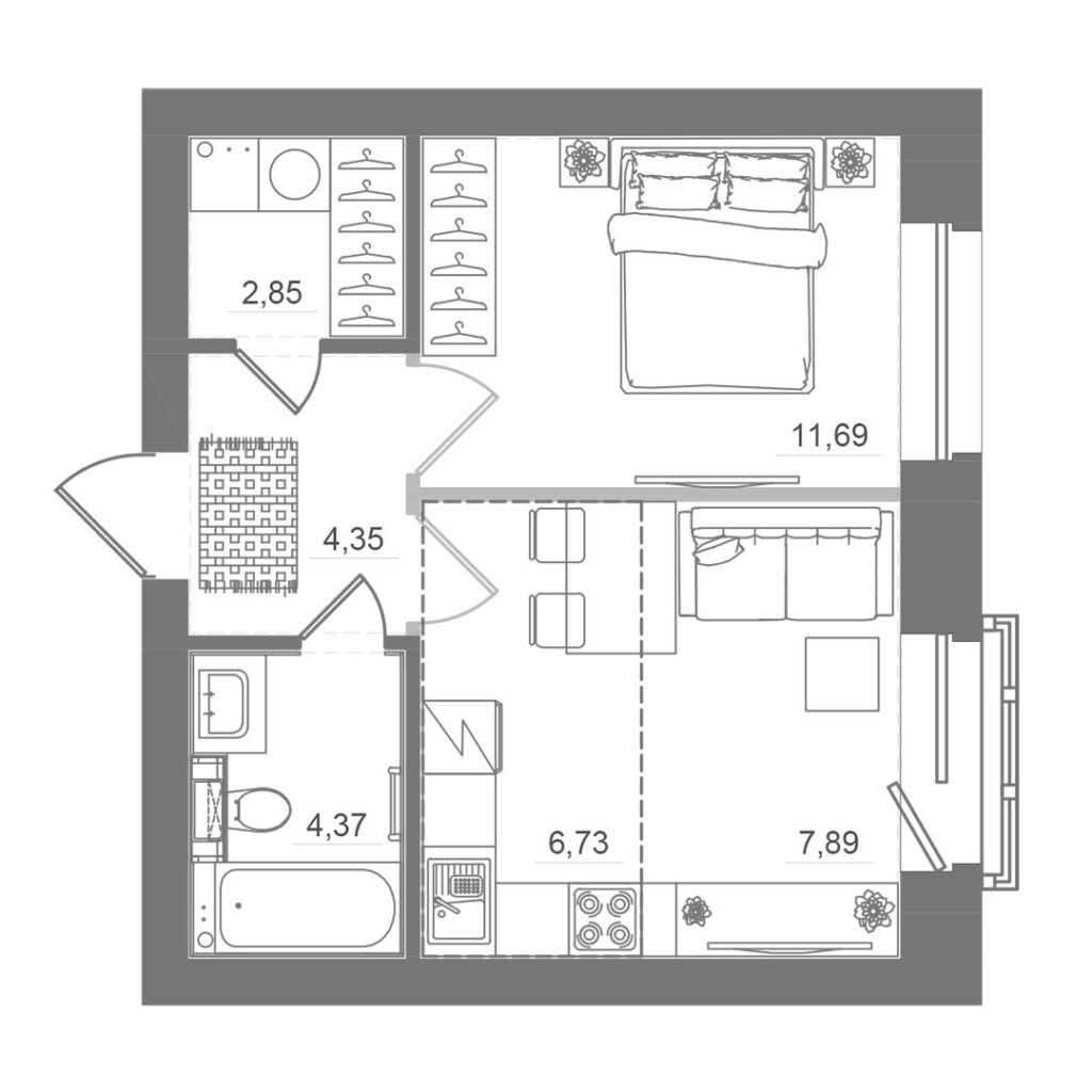 1-комнатная квартира, 37,89 м²