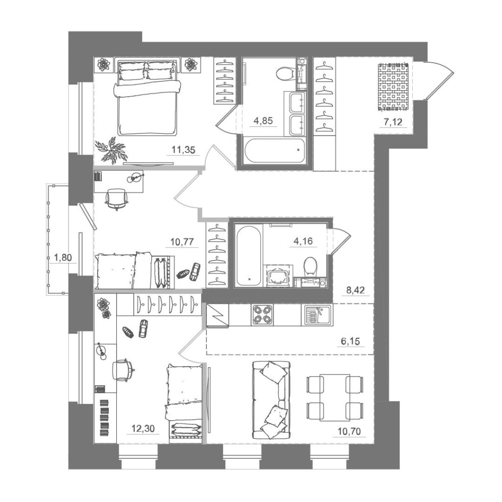 3-комнатная квартира, 76,25 м²