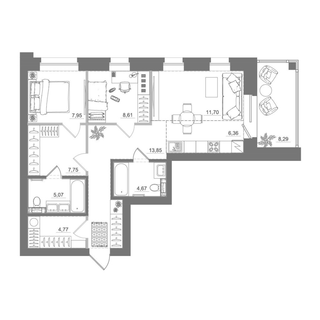 2-комнатная квартира, 70,74 м²