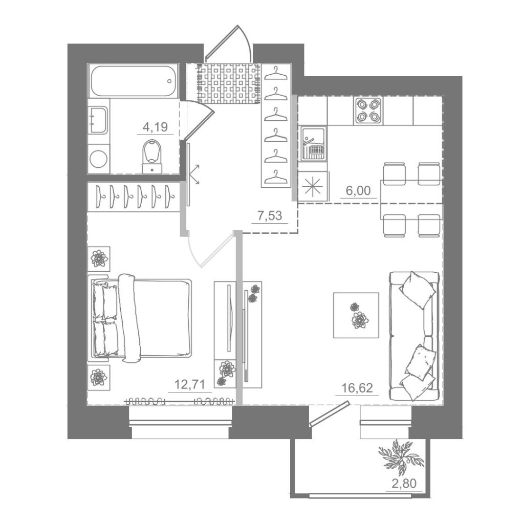 1-комнатная квартира, 47,05 м²