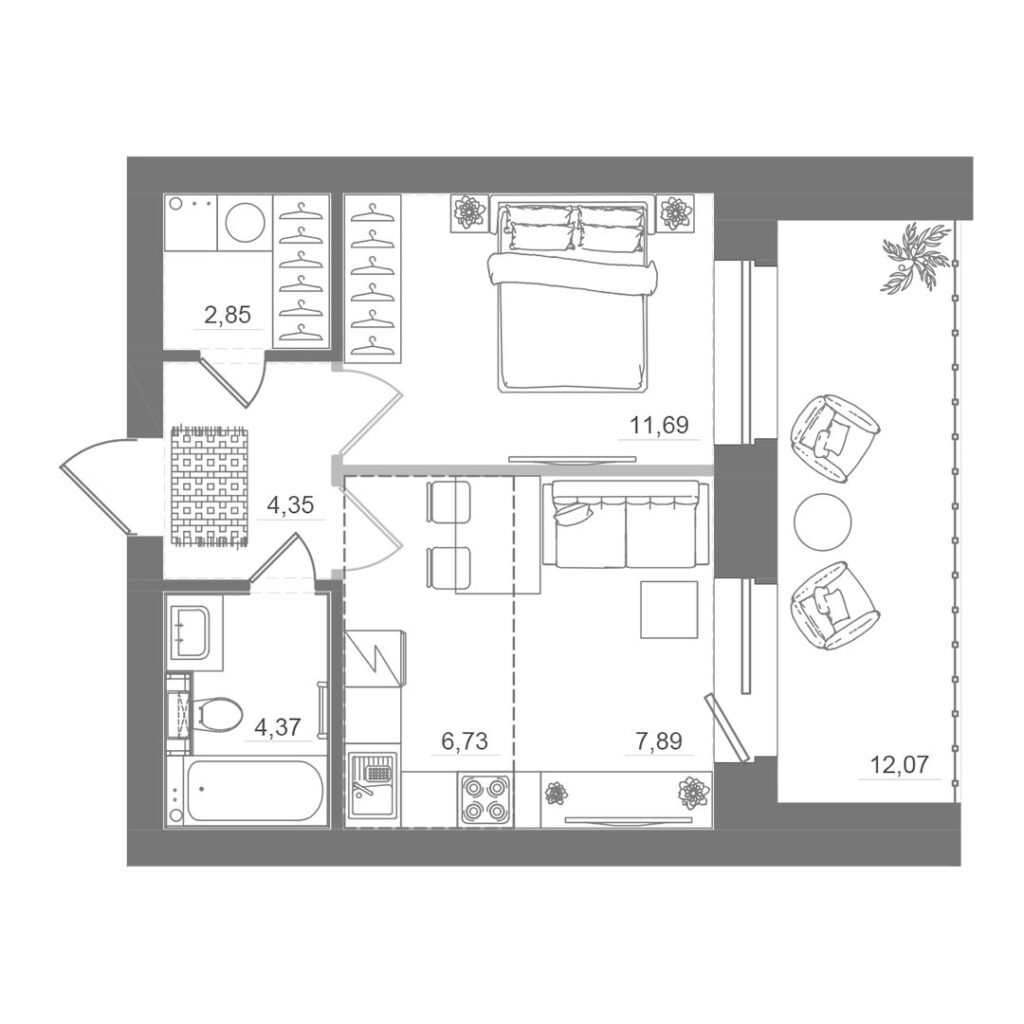 1-комнатная квартира, 37,89 м²
