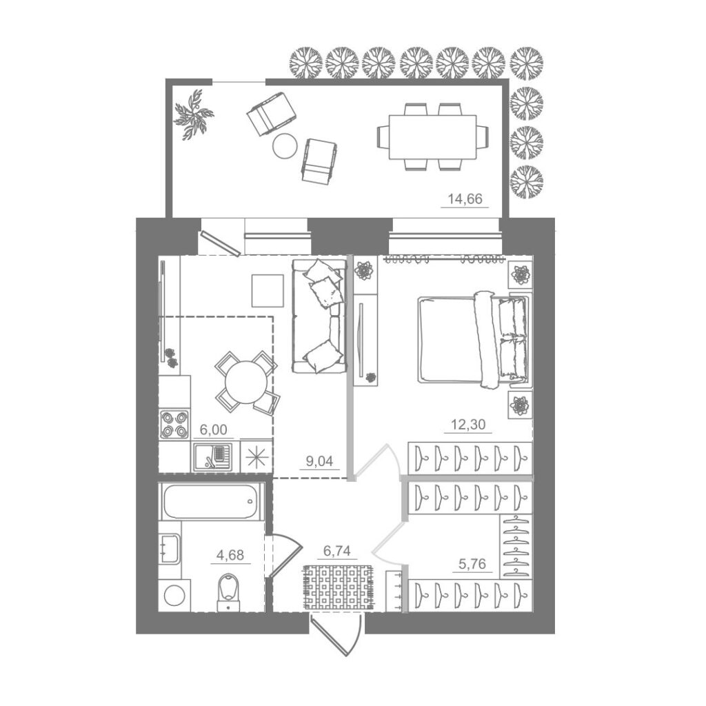 1-комнатная квартира, 44,52 м²
